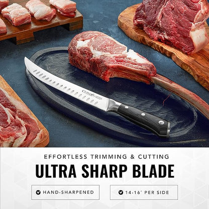 Cutluxe Butcher Knife – 10″ Cimeter Breaking Knife for BBQ & Brisket, Razor Sharp Forged German Steel, Full Tang Meat Carving Knife, Pakkawood Handle, Grilling Gifts for Men – Artisan Series