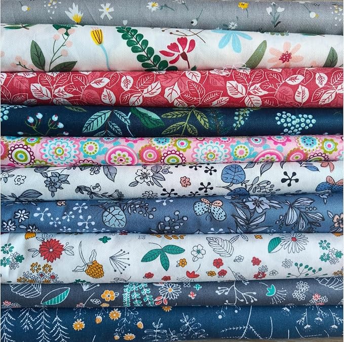 10PCS 18" x 22" Quilting Fat Quarters Fabric Bundles, for Sewing Crafting,Print Floral Striped Polka Dot 100% Cotton Gingham Fabric (10pcs Mix, 18" x 22")
