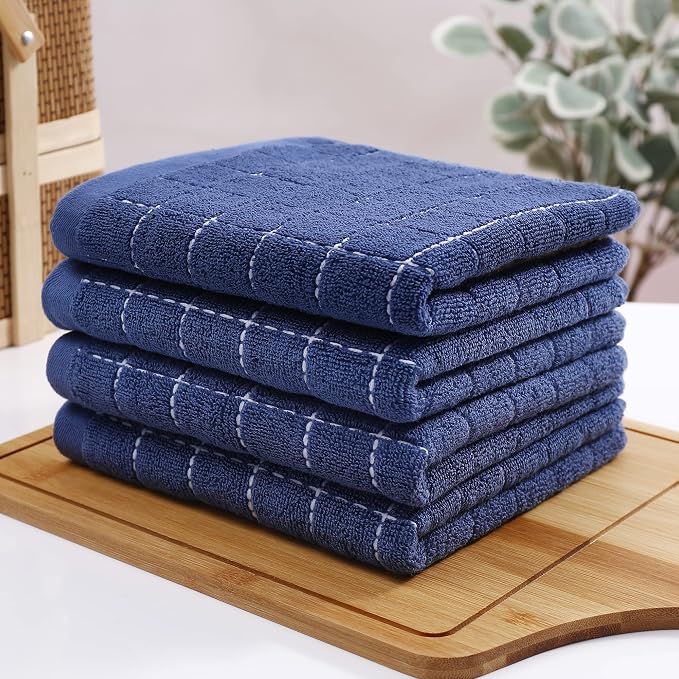 Homaxy 100% Cotton Terry Kitchen Towels(Navy Blue, 13 x 28 inches), Checkered Designed, Soft and Super Absorbent Dish Towels, 18 Pack