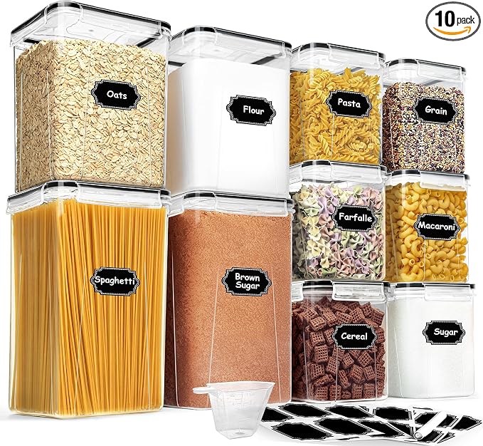 Flour Sugar Storage Containers, 10 Pack Large Airtight Food Storage Containers with Lids for Kitchen Pantry Organization and Storage, BPA Free Plastic Canisters Sets for Cereal, Rice and Baking