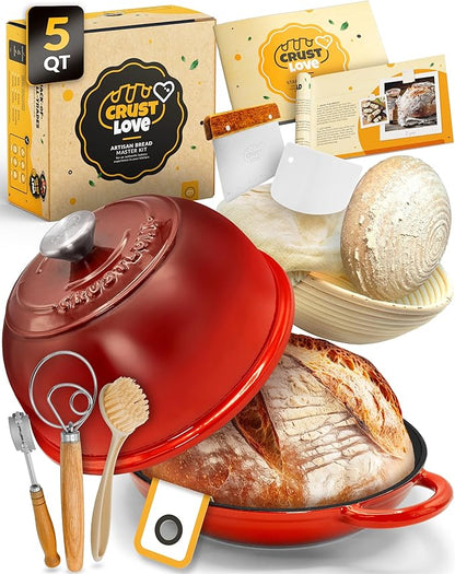 CRUSTLOVE Dutch Oven Bread Baking - 5QT Enamel Bread-Oven - incl Sourdough Bread-Baking Suppliers like Dough Whisk Scoring Lame etc Bread-Dome Cast Iron Bread-Pan with Lid for Sour dough, Bread-making