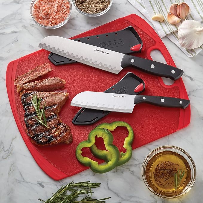 Farberware Edgekeeper Self-Sharpening Triple Riveted Santoku Knife Set, 4-Piece, Black