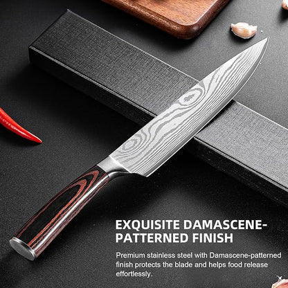 Chef Knife Professional Japanese AUS-10 Steel Core Kitchen Knife with Damascus Pattern, Razor Sharp 8 Inch Chefs Knife with Full-Tang Ergonomic Handle - Ideal for Home Cooks & Professional Chefs