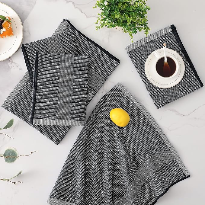 Mordimy Premium Kitchen Towels 12 Pack (18 x 28 Inches, Black), Large Cotton Kitchen Hand Towel, Flat & Terry Dish Towels for Drying Dishes, Super Absorbent Tea Dishtowels Set with Hanging Loop