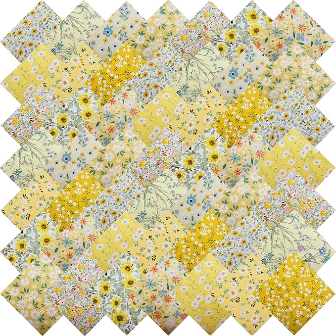 HANPATQUI 50PCS 12 x 12 inch 100% Cotton Fat Quarters Fabric for Sewing and Quilting Bundles Precut Fabric Square for DIY Craft Patchwork-Yellow Printed