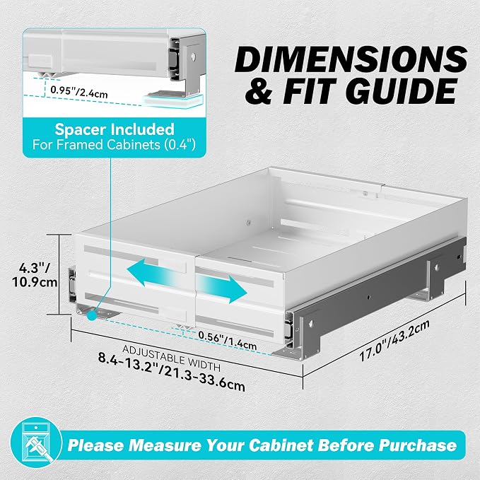 Pull Out Cabinet Organizer, Expandable Width 8"-13", Heavy Duty Metal Slide Out Drawers for Cabinets, Expandable Cabinet Pull Out Shelves for Kitchen, Pantry, Bathroom, White