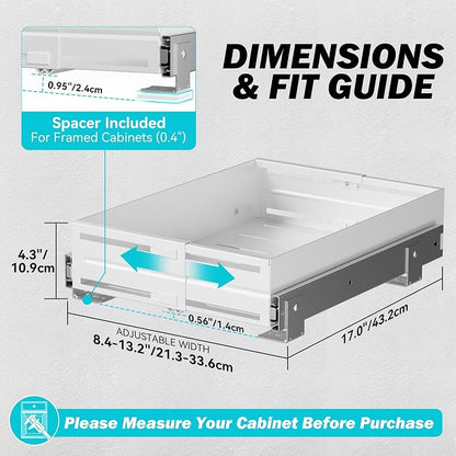 Pull Out Cabinet Organizer, Expandable Width 8"-13", Heavy Duty Metal Slide Out Drawers for Cabinets, Expandable Cabinet Pull Out Shelves for Kitchen, Pantry, Bathroom, White