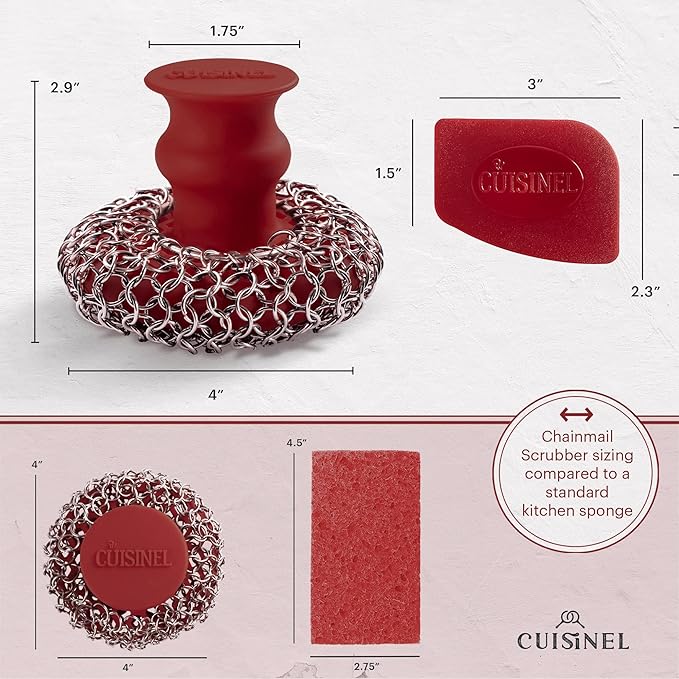 Cuisinel CAST IRON CHAINMAIL SCRUBBER AND PAN SCRAPER - DELUXE ERGONOMIC STAINLESS