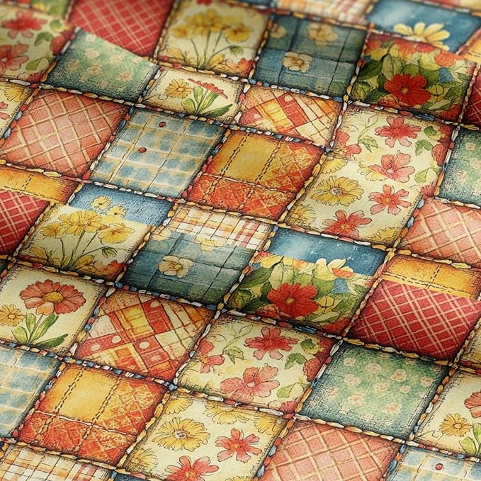 Sunny Garden Patchwork Cotton Fabric Panel 61 x 36.6 Inches, Floral Rustic Quilt Print, Multicolor Yellow Blue Red Tones, 100% Cotton 140 GSM
