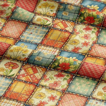 Sunny Garden Patchwork Cotton Fabric Panel 61 x 36.6 Inches, Floral Rustic Quilt Print, Multicolor Yellow Blue Red Tones, 100% Cotton 140 GSM