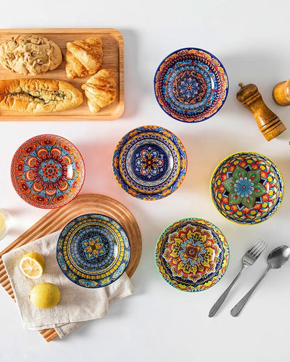 vancasso Boho Cereal Bowls Set of 6, 26 oz Ceramic Soup Bowls with Colorful Bohemian Pattern, Microwave & Dishwasher Safe Serving Bowls for Salad, Oatmeal, Pasta, KRVI Series