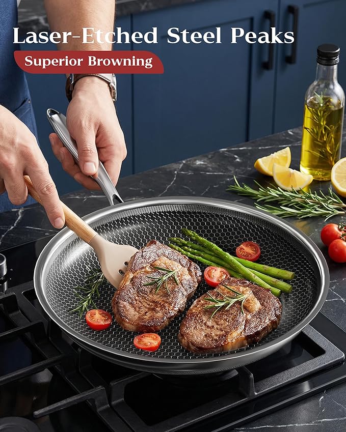 Nonstick Frying Pan with Lid 12-Inch, Durable Stainless Steel Skillet, Induction Cooktop Compatible, PFOA-Free Scratch-Proof, Dishwasher & Oven Safe, Stay-Cool Handle, Silver Kitchen Cookware