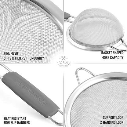 Zulay Kitchen Premium Stainless Steel Fine Mesh Strainer Set - Strainers For Kitchen (Set of 3) With Non-Slip Handles - Includes A Small, Medium & Large Fine Mesh Sieve Set - Durable Metal Strainer