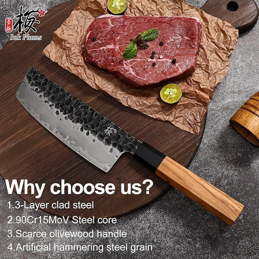 Nakiri Knife 6.7 Inch, Japanese Hand Forged High Carbon Steel Vegetable Cleaver Kitchen Knife with Natural Olive Wood Octagonal Handle, Professional Chopping Knife for Vegetables & Gift Box