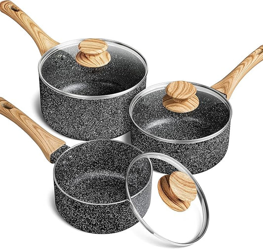 MICHELANGELO Saucepan Set, 3-Piece Nonstick Sauce Pans with Lids, 1QT, 2QT, 3QT, Black Granite Stone
