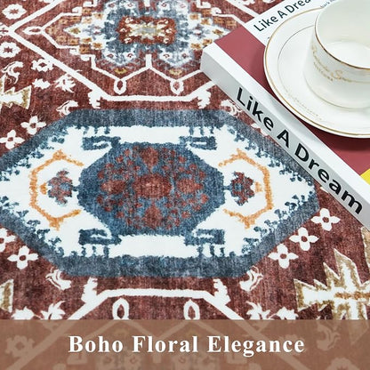 Washable Non-Slip Kitchen Rugs Set of 3 – Boho Soft Mats and Runner for Bathroom, Entryway, Hallway Room – Stain-Resistant Low-Pile Indoor Carpet (Red, 2x3+2x4+2x5)
