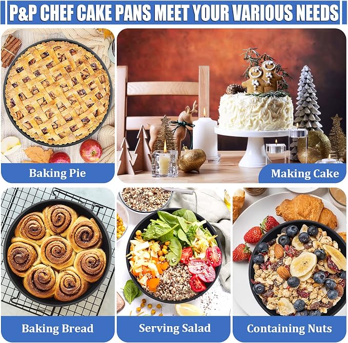 P&P CHEF 6 Inch Cake Pan, Nonstick Round Baking Layer Cake Pans Tins Set for Birthday Wedding, 2.94-Inch Deep Side & One-piece Design, Stainless Steel Core & Easy Clean, Black, 2Pcs
