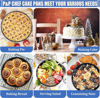 P&P CHEF 9.5 Inch Cake Pan, Nonstick Round Baking Layer Cake Pans Tins Set for Birthday Wedding, 2.94-Inch Deep Side & One-piece Design, Stainless Steel Core & Easy Clean, Black