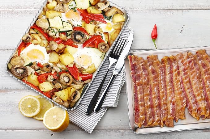TeamFar Stainless Steel Baking Sheet, 17.6 x 13 x 1inch Half Baking Pan Cookie Sheets with Cooling Rack & 50PCS Parchment Papers for Baking/Roasting/Broiling, Healthy & Sturdy, Dishwasher Safe