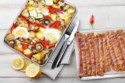 TeamFar Stainless Steel Baking Sheet, 17.6 x 13 x 1inch Half Baking Pan Cookie Sheets with Cooling Rack & 50PCS Parchment Papers for Baking/Roasting/Broiling, Healthy & Sturdy, Dishwasher Safe
