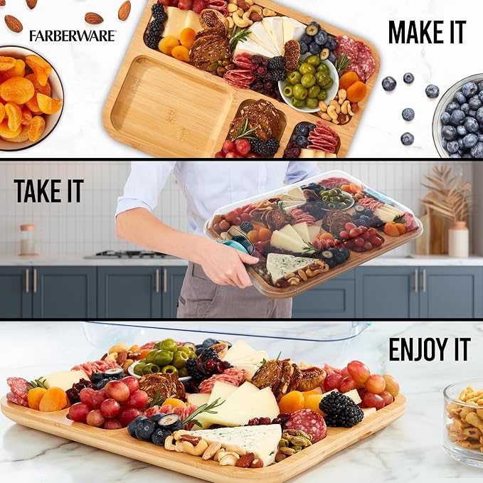 Farberware Build-A-Board Bamboo Cutting Board with Built-in Compartments and Clear Locking Lid with Blue Handles, Perfect for Charcuterie, Snacks, and More
