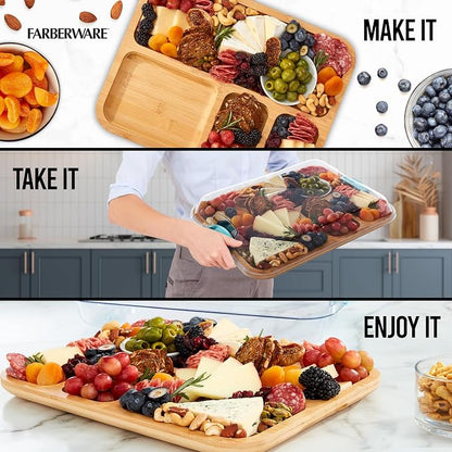 Farberware Build-A-Board Bamboo Cutting Board with Built-in Compartments and Clear Locking Lid with Blue Handles, Perfect for Charcuterie, Snacks, and More