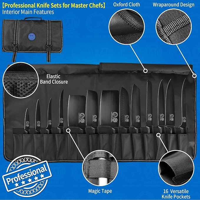 XYJ Knives,Professional Knife Sets for Master Chefs,Meat Cleaver Butcher for Camping,Chef Knife Set with Bag (Full Black)