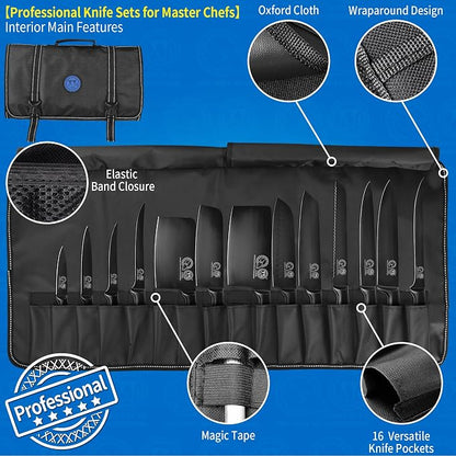 XYJ Knives,Professional Knife Sets for Master Chefs,Meat Cleaver Butcher for Camping,Chef Knife Set with Bag (Full Black)