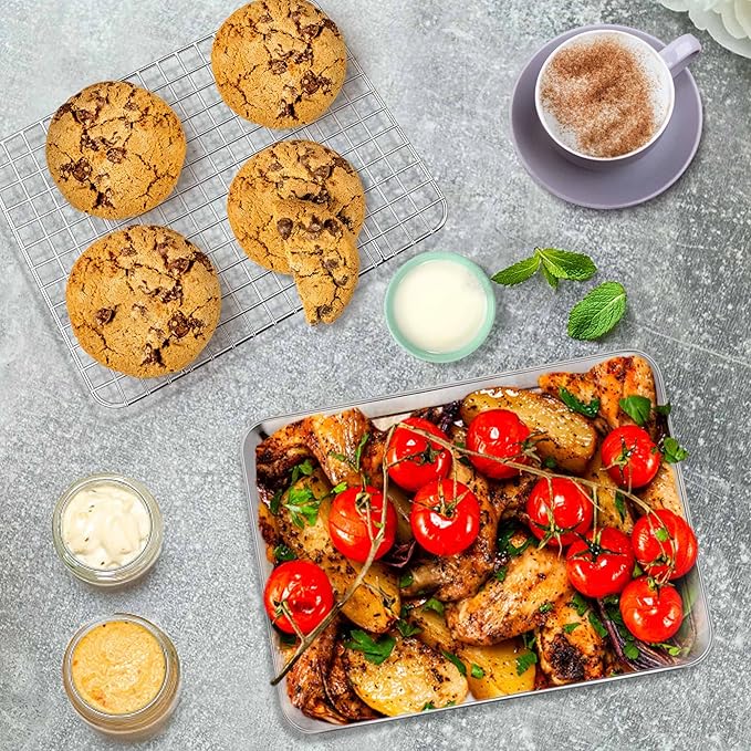 P&P CHEF 9 Inch Toaster Oven Pan with Rack Set, Stainless Steel Baking Pan Tray and Grid Cooling Rack for Cooking/Roasting, Dishwasher Safe & Easy to Clean, Non-toxic & Sturdy, (2Pcs)