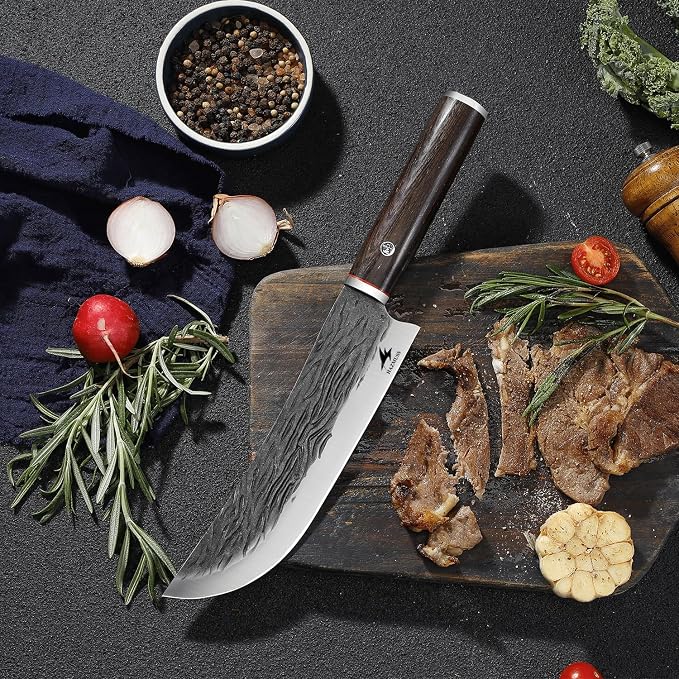 Professional 7.8-inch Chef Knife, High Carbon Stainless Steel Blade for Cutting Meat, with Leather Sheath Scabbard, Ash Wood Handle, Suitable for Kitchen, Outdoor Cooking, BBQ