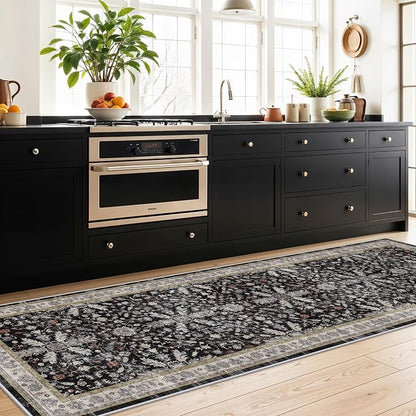 3x10 ft Long Kitchen Runner Rug – Non-Slip Washable Hallway Carpet Runner with Rubber Backing, Boho Floral Low Pile Thin Wide Runners for Entryway Indoor（Black,3x10）