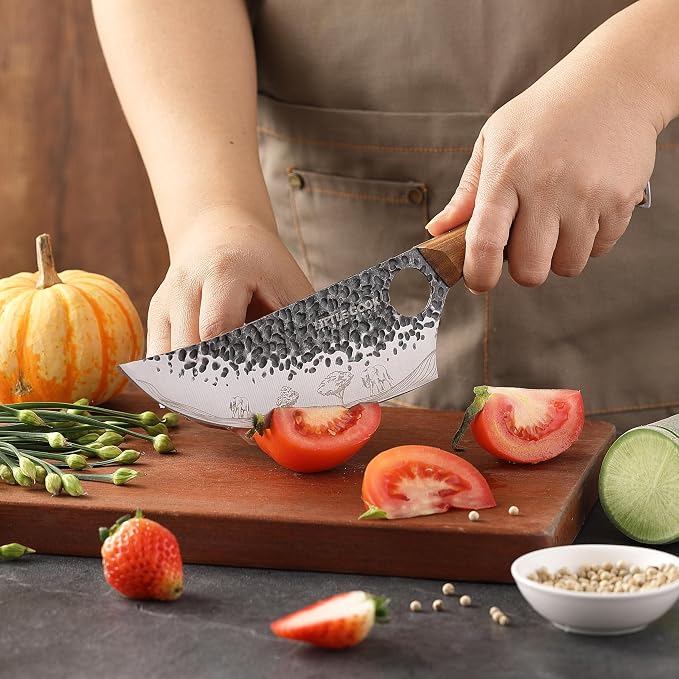 3PCS Butcher Knife, 7" Meat Cleaver, 7" Serbian Chef and 6.5" Viking, Hand Forged Butcher Knife Set with Wooden Handle, Geat for Home, Camping, BBQ (Unique Pattern)