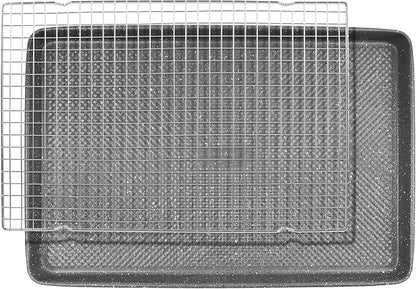 David Burke 17x11 Cookie Sheet with Chrome Cooling Rack – Carbon Steel, PFTE & PFOA Free, Oven Safe, Non-Toxic, Perfect for Baking and Roasting – Gray Speckle