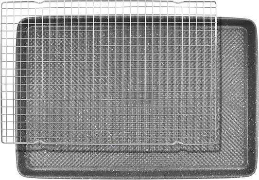 David Burke 17x11 Cookie Sheet with Chrome Cooling Rack – Carbon Steel, PFTE & PFOA Free, Oven Safe, Non-Toxic, Perfect for Baking and Roasting – Gray Speckle