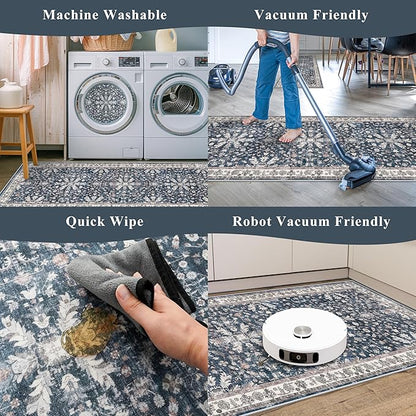 2x3 Non-Slip Washable Kitchen Rug - Boho Soft Small Area Rug for Sink, Entryway, Pet Area & Bathroom - Low Pile Thin Indoor Door Mat (Blue,2x3)