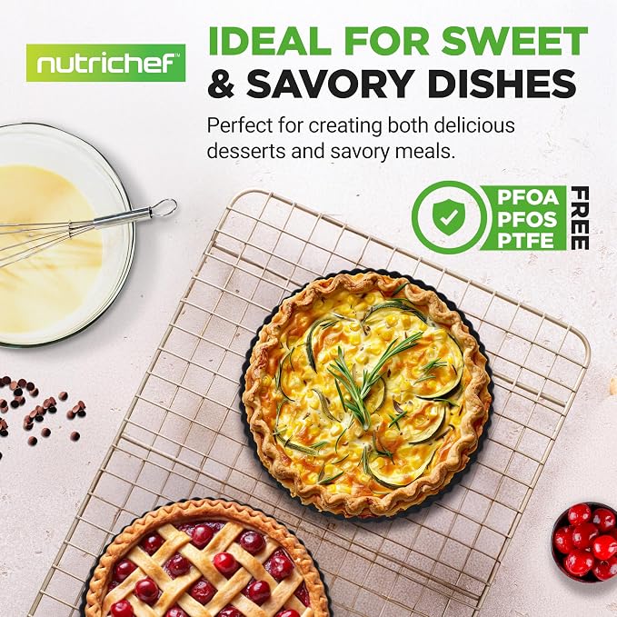 NutriChef 2 Round Tart Pans | 9 Inch Carbon Steel Tart Baking Trays with Removable Base | Nonstick & Even Heat Distribution | Includes 100 Parchment Papers | Height of 1 Inch | Black