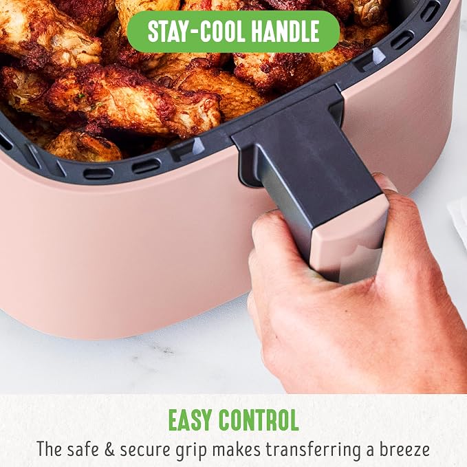GreenLife 4.5QT Air Fryer, Mechanical Dial Controls, PFAS-Free Ceramic Nonstick Drawer, Adjustable Temp & Timer, LED Indicator, Oil-Less Cooking, Dishwasher Safe, Compact Family Size, Pink
