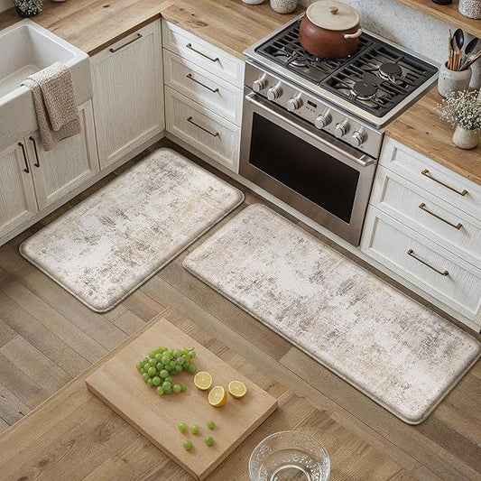 Kitchen Mats for Floor Set of 2 Thick Anti Fatigue Waterproof Kitchen Rug Beige Grey Abstract Cushioned Non-Slip Comfort Standing Mat for Sink Laundry Office 17.3"×47"+17.3"×30"