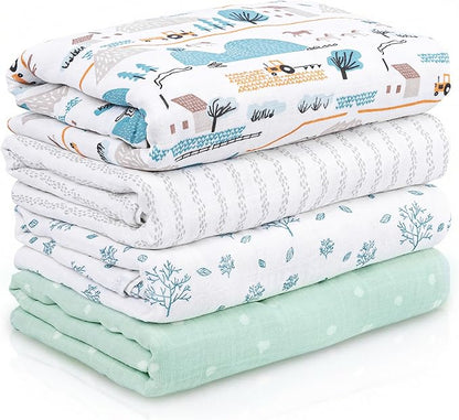 Muslin Swaddle Blankets for Newborn, 4 Pack Cotton Baby Blankets, Large 31.5 x 43.3 inch Breathable Soft Receiving Blanket, Essentials Swaddle Wrap Burping Clothes, Blue Farm Country