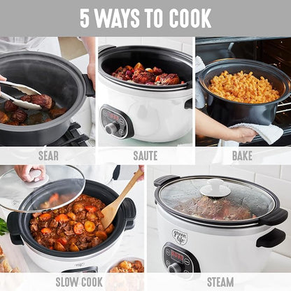GreenLife 6QT Slow Cooker, Non-Toxic PFAS-Free Ceramic Nonstick Removable Interior Bowl, Programmable, Family Friendly, Keep Warm, Stovetop & Oven Safe, Dishwasher Safe Crock, Timer, Glass Lid, White