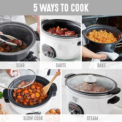 GreenLife 8QT Slow Cooker, Non-Toxic PFAS-Free Ceramic Nonstick Removable Interior Bowl, Programmable, Family Friendly, Keep Warm, Stovetop & Oven Safe, Dishwasher Safe Crock, Timer, Glass Lid, White