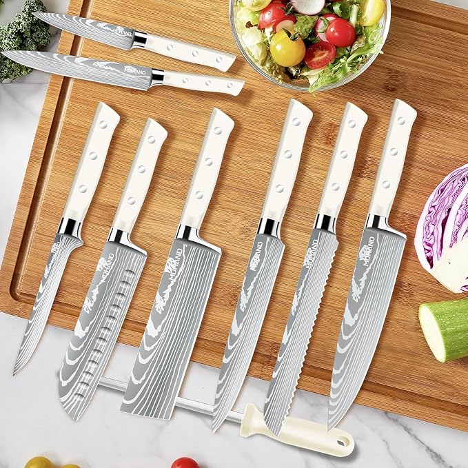 MDHAND Chef Knife Set with Roll Bag, 9PCS Professional Knife Set with Sharpener, High Carbon Stainless Steel Japanese Kitchen Knife Set - Forged Triple Rivet Handle, Dishwasher Safe, Chef Gifts, White