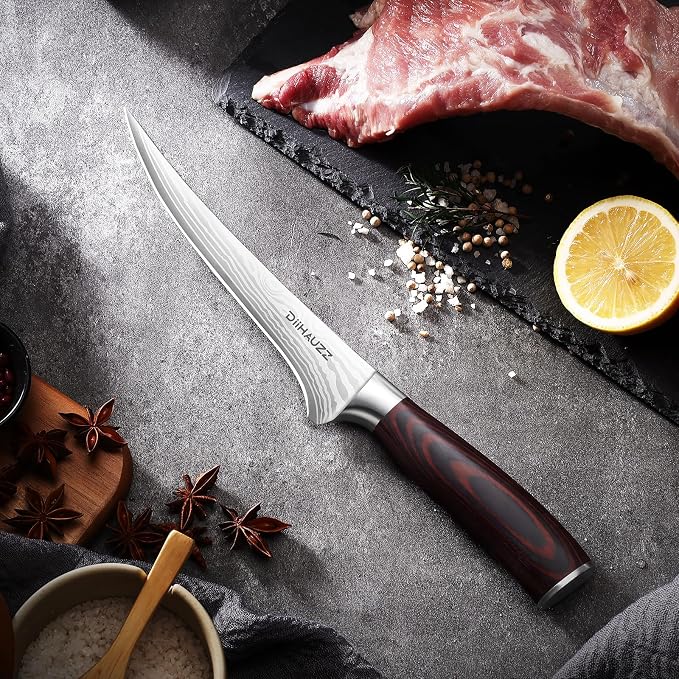 DiiHAUZZ 7 Inch Fillet Knife for Fish, Razor Sharp Boning Knife High Carbon Stainless Steel for Poultry Deboning and Meat Cutting, Japanese Filleting Knives with Ergonomic Pakkawood Handle, Sheath