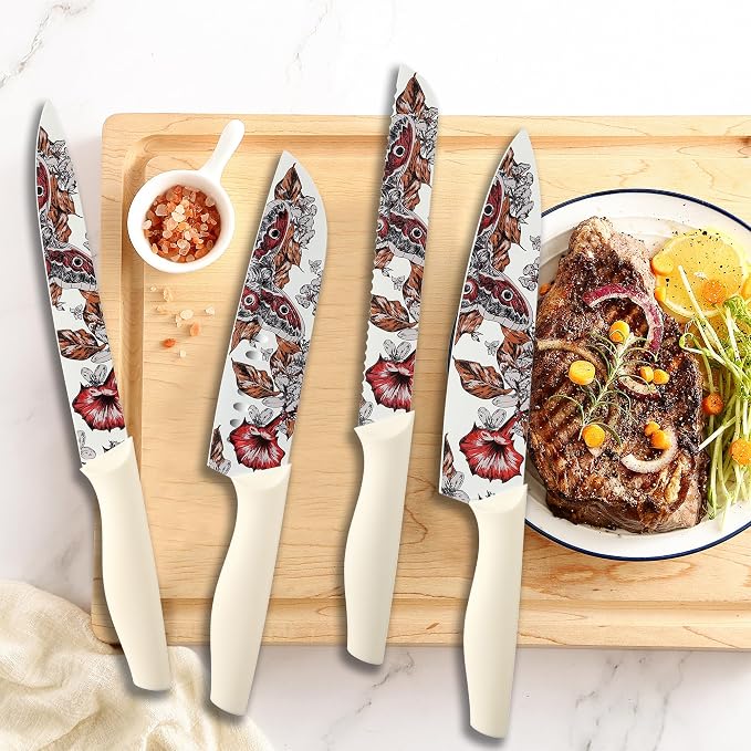 Marco Almond Knife Set Artistic Designed Pattern Kitchen Knife 6 Stainless Steel Kitchen Knives w 6 Blade Guards, Dishwasher Safe Knives for Family Kitchen Knives Set for Chefs