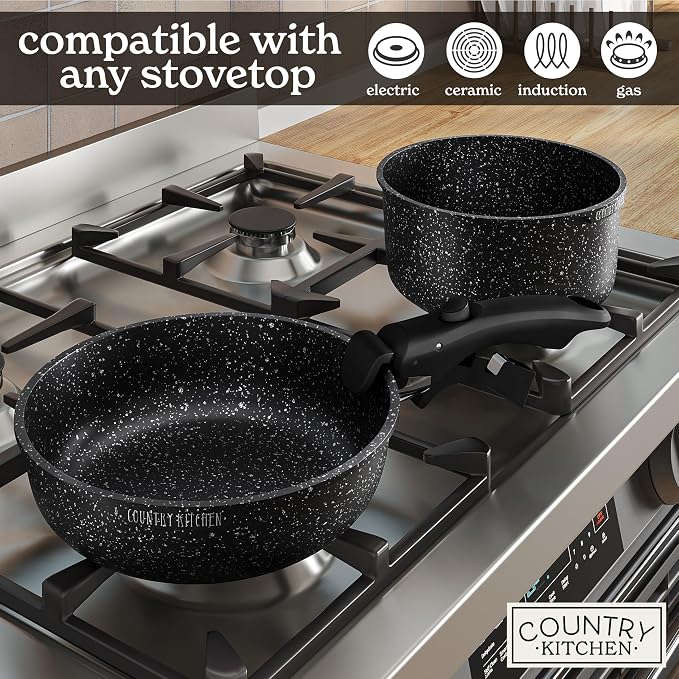 Country Kitchen Cookware Set with Removable Handle, Oven & RV Safe Pots and Pans Set, Black, Original