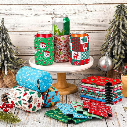 18 pack Christmas Can Cooler Sleeves, Beer Drink Can Beverage Bottle Cooler Sleeves Collapsible for Christmas Holiday Party Gifts Decorations Supplies Favors