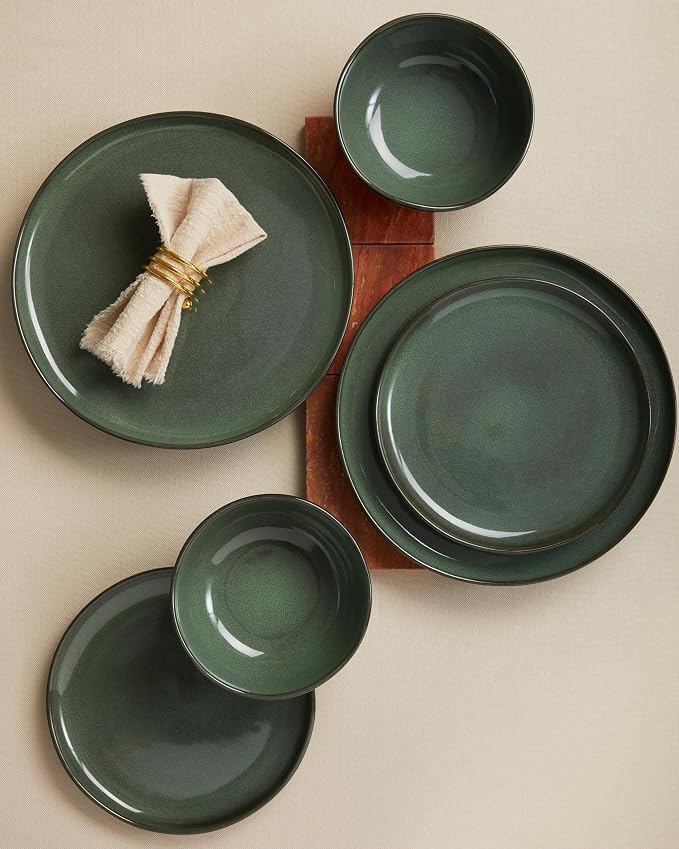 Pokini Plates and Bowls Sets for Family of 6, Ceramic Dinnerware Sets, Kitchen Dish Set, Microwave & Dishwasher Safe Dishware, Highly Durable Reactive Glazed Dinner Set, Forest Green