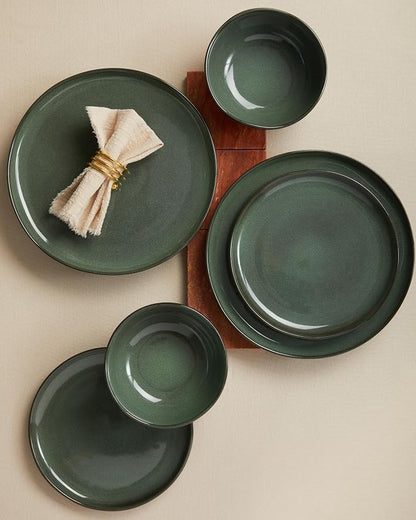 Pokini Ceramic Plates and Bowls Set, Everyday Dinnerware Set for 4, Wavy Rim Kitchen Dish Set, Chip Resistant Dishware Sets, Dishwasher Safe Dinner Set, Designed for Simple Meals, Forest Green