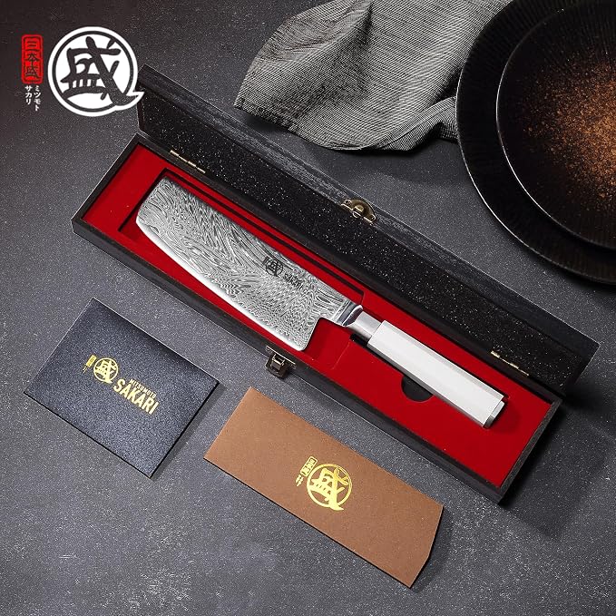 MITSUMOTO SAKARI 6.5-Inch VG-Pro Damascus Nakiri Knife, Hand Forged Professional Japanese Chef Knife, Ergonomic G10 Handle & Sandalwood Box