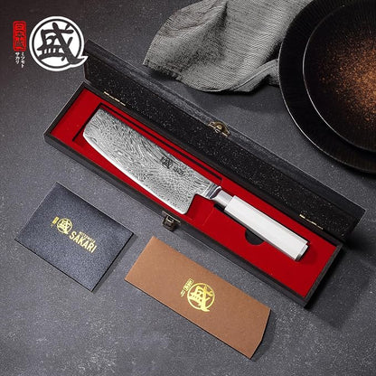 MITSUMOTO SAKARI 6.5-Inch VG-Pro Damascus Nakiri Knife, Hand Forged Professional Japanese Chef Knife, Ergonomic G10 Handle & Sandalwood Box